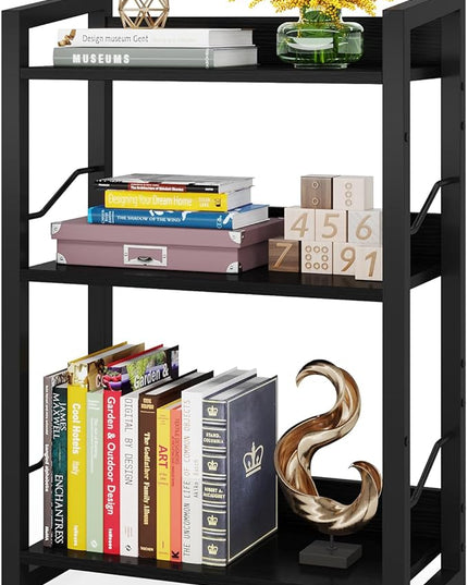 Book Shelf Small Bookshelf - 3-Tier Wood Bookcase Industrial Bookshelf Metal Narrow Bookshelves Storage Organizer Display Rack for Bedroom Living Room Home Office (Black) - LeafyLoom