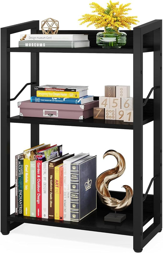 Book Shelf Small Bookshelf - 3-Tier Wood Bookcase Industrial Bookshelf Metal Narrow Bookshelves Storage Organizer Display Rack for Bedroom Living Room Home Office (Black) - LeafyLoom