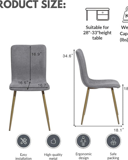 FurnitureR Modern Style Dining Chairs Set of 4, Comfy Side Chair with Fabric Seat Sturdy Metal Gold Legs for Kitchen Living Room Bedroom, Grey - LeafyLoom