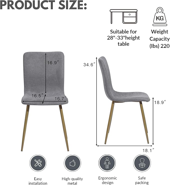 FurnitureR Modern Style Dining Chairs Set of 4, Comfy Side Chair with Fabric Seat Sturdy Metal Gold Legs for Kitchen Living Room Bedroom, Grey - LeafyLoom