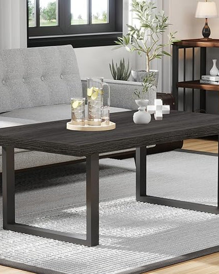 IBF Rustic Coffee Table, Wood and Metal Simple Industrial Modern Center Table, Minimalist Rectangle Wooden Farmhouse Cocktail Table for Living Room, Dark Gray Oak, 47 Inch - LeafyLoom