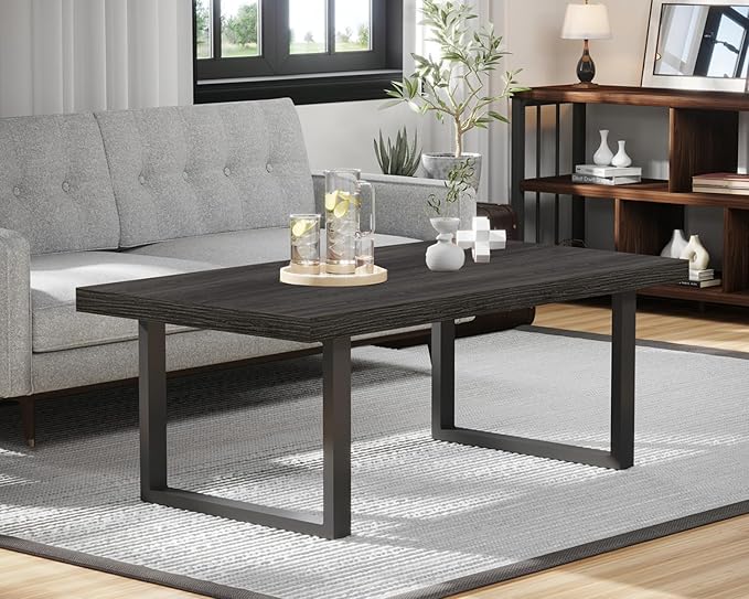 IBF Rustic Coffee Table, Wood and Metal Simple Industrial Modern Center Table, Minimalist Rectangle Wooden Farmhouse Cocktail Table for Living Room, Dark Gray Oak, 47 Inch - LeafyLoom