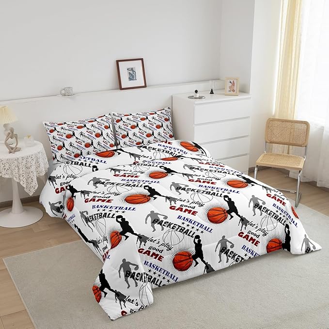 Erosebridal Teen Boys Basketball Bedding Full Size Basketball Player Quilt Set Kids Girls Sports Bed Comforter Set All Season,Soft Lightweight Duvet Set 1 Basketball Comforter and 2 Pillow Cases - LeafyLoom