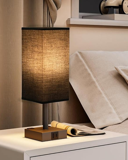 Touch Bedside Table Lamp For Nightstand - 3-Way Dimmable Night Lamp with USB A + Type C Charging Ports and two AC Outlets, Small Desk Light with E26 LED Bulb for Bedroom Living Room Dorm Office,BLACK - LeafyLoom