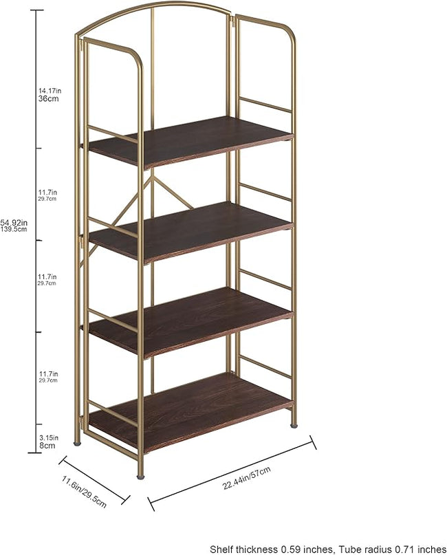 No Assembly Folding Bookshelf, Metal Book Shelf for Storage, Folding Bookcase for Office Organization and Storage (Brown and Gold, 4 Tiers) - LeafyLoom