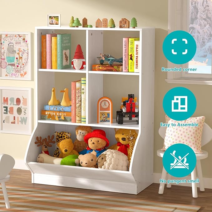 EasyCom 3 Tier Toy Storage Organizer, 5 Cube Toy Shelf and Bookcase Storage Cabinet, Book Shelf for Playroom Bedroom Living Room Nursery White - LeafyLoom