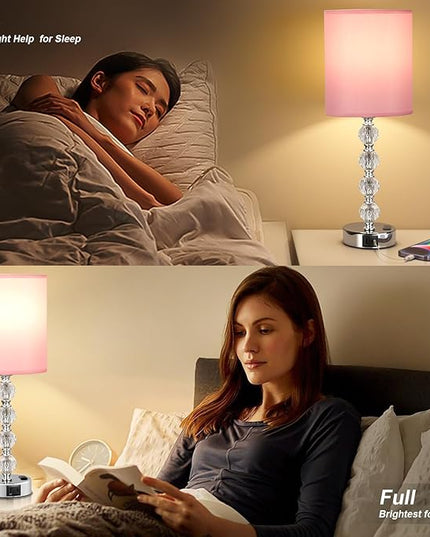 Acaxin Touch Bedside Crystal Lamps for Bedrooms Nightstand with USB C+A Charging Port and AC Outlet White, 3 Way Dimmable Silver Large End Side Table Lamp for Living/Guest/Dinning Room/Kitchen - LeafyLoom