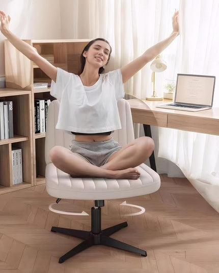 FELICE Cross Legged Armless Wide Seat Chair Fabri Padded Height Adjustable for Home Office Desk Makeup, Beige - LeafyLoom