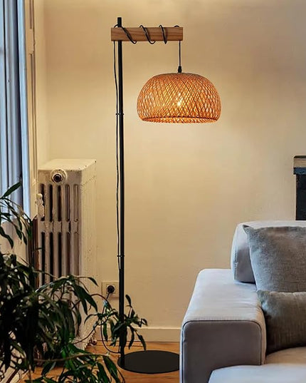 Industrial Tall Floor Lamp for Living Room Bamboo Lampshade, Black Lights Fixtures with Cord On/Off Switch E26 Base Industrial Modern Wire Wood Decoration Standing Lamp for Bedroom (No Bulb) - LeafyLoom