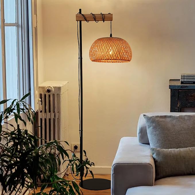 Industrial Tall Floor Lamp for Living Room Bamboo Lampshade, Black Lights Fixtures with Cord On/Off Switch E26 Base Industrial Modern Wire Wood Decoration Standing Lamp for Bedroom (No Bulb) - LeafyLoom