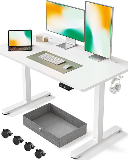 FEZIBO 48 x 24 Inches Standing Desk with Drawer, Adjustable Height Electric Stand up Desk with Storage, Sit Stand Home Office Desk, Ergonomic Computer Desk, White - LeafyLoom
