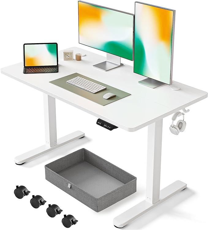 FEZIBO 48 x 24 Inches Standing Desk with Drawer, Adjustable Height Electric Stand up Desk with Storage, Sit Stand Home Office Desk, Ergonomic Computer Desk, White - LeafyLoom