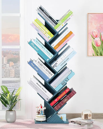 10 Tier Tree Book Shelf, Floor Standing Wood Bookshelf for Narrow Space, Storage Organizer Bookshelves for Books/CDs/Magazine, Bookcase with Shelves for Home Office, Living Room - Blue - LeafyLoom