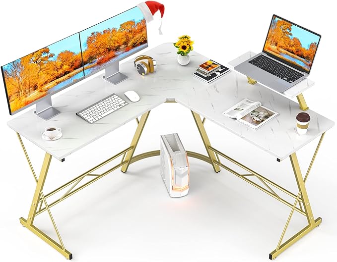 Mr IRONSTONE L Shaped Desk Computer Corner Desk, Home Gaming Desk, Office Writing Workstation with Large Monitor Stand, Easy to Assemble (White,51 Inch) - LeafyLoom