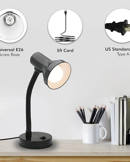 Xtricity Gooseneck Desk Lamps with Adjustable Gooseneck Arm, Metal Desk Lamp with 7W A19 LED Bulb, 120 Volt, Convenient On/Off Switch, 14" Inch Tall (36cm), Black Finish - LeafyLoom