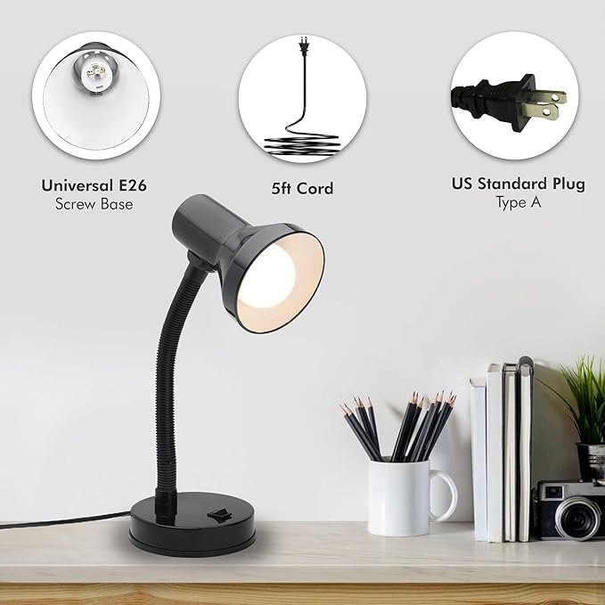 Xtricity Gooseneck Desk Lamps with Adjustable Gooseneck Arm, Metal Desk Lamp with 7W A19 LED Bulb, 120 Volt, Convenient On/Off Switch, 14" Inch Tall (36cm), Black Finish - LeafyLoom