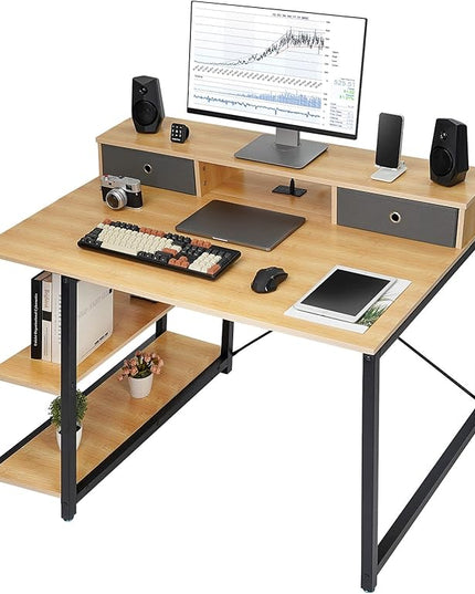 TOPSKY 47”x 31.5” Computer Desk with Drawers, Monitor Stand, Storage Shelf, 3-Port Charging Station (BAMBOO) - LeafyLoom
