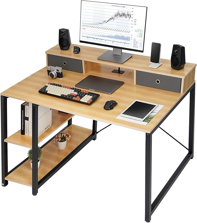 TOPSKY 47”x 31.5” Computer Desk with Drawers, Monitor Stand, Storage Shelf, 3-Port Charging Station (BAMBOO) - LeafyLoom