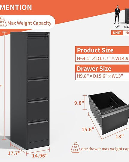 5 Drawer File Cabinet,Metal Filing Cabinets with Lock,Vertical File Cabinet for Home Office,Black Heavy Duty Metal Storage Cabinet for A4/Letter/Legal Size File,Assembly Required - LeafyLoom