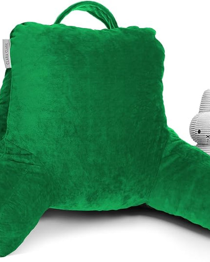 Clara Clark Reading Pillow for Kids, Small Back Pillow for Sitting Up in Bed, Memory Foam Back Support Pillow, Reading Pillows for Sitting in Bed, Green Gaming Pillow for Bed with Arms and Pockets - LeafyLoom