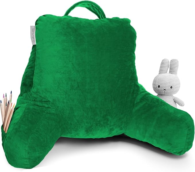Clara Clark Reading Pillow for Kids, Small Back Pillow for Sitting Up in Bed, Memory Foam Back Support Pillow, Reading Pillows for Sitting in Bed, Green Gaming Pillow for Bed with Arms and Pockets - LeafyLoom
