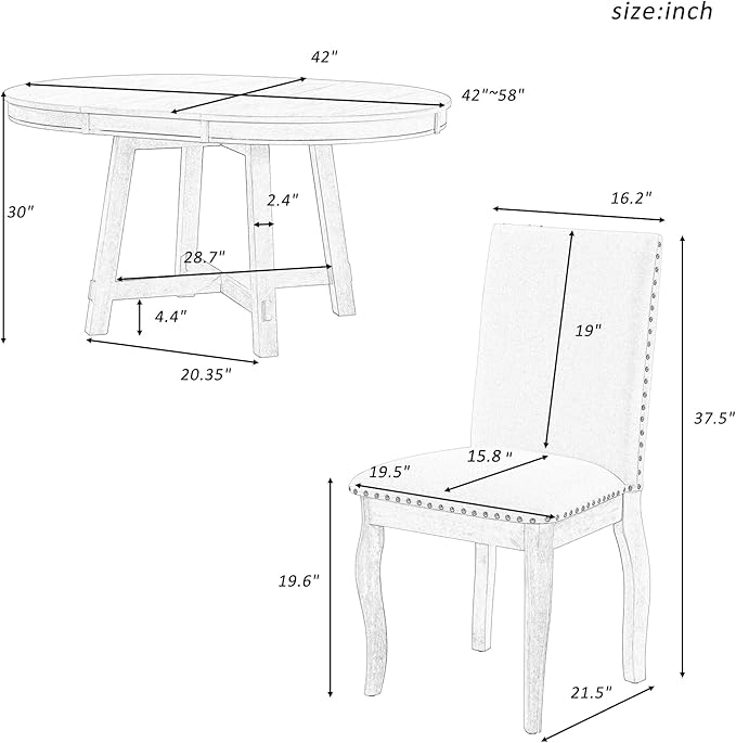 5-Piece Dinette Sets Round Extendable Kitchen Dining Table, 4 Upholstered Chairs, for Diningroom Living Room, Easy to Assemble, Oak Natural Wood + Antique White - LeafyLoom