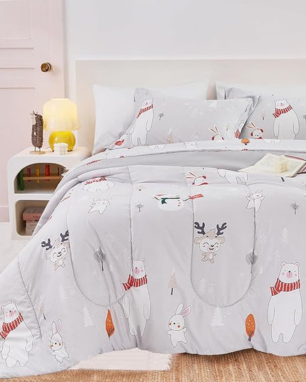 Kids Christmas Comforter Set Twin for Boys Girls, Cute Reversible Quilted Bear Snowmen Reindeer Bunny Printed Bedding Set with Pillow Sham, Lightweight Soft Breathable Washable Bed Set 2 Piece - LeafyLoom