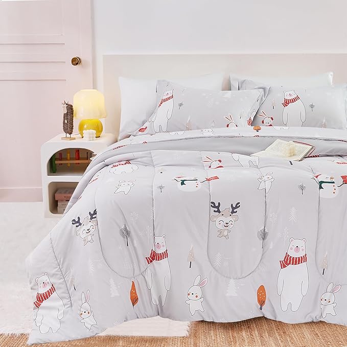 Kids Christmas Comforter Set Twin for Boys Girls, Cute Reversible Quilted Bear Snowmen Reindeer Bunny Printed Bedding Set with Pillow Sham, Lightweight Soft Breathable Washable Bed Set 2 Piece - LeafyLoom