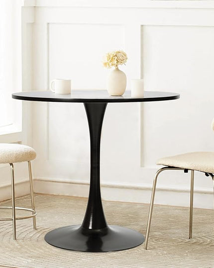 FurnitureR 31.5" Mid-Century Round Dining Table for 2-4 People with Pedestal Base for Home Office Living Room Kitchen Leisure, 31.5 inches, Black - LeafyLoom