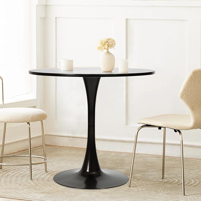 FurnitureR 31.5" Mid-Century Round Dining Table for 2-4 People with Pedestal Base for Home Office Living Room Kitchen Leisure, 31.5 inches, Black - LeafyLoom
