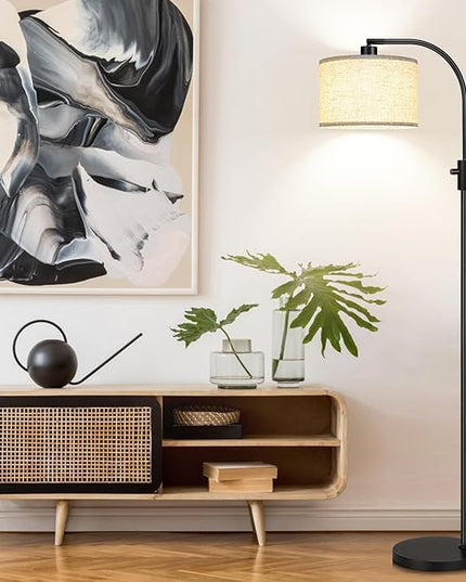 【Upgraded】 Dimmable Floor Lamp, 1200 Lumens LED Edison Bulb Included, Arc Floor Lamps for Living Room Modern Standing Lamp with Linen Shade, Black Tall Lamp for Living Room Bedroom Office Dining Room - LeafyLoom