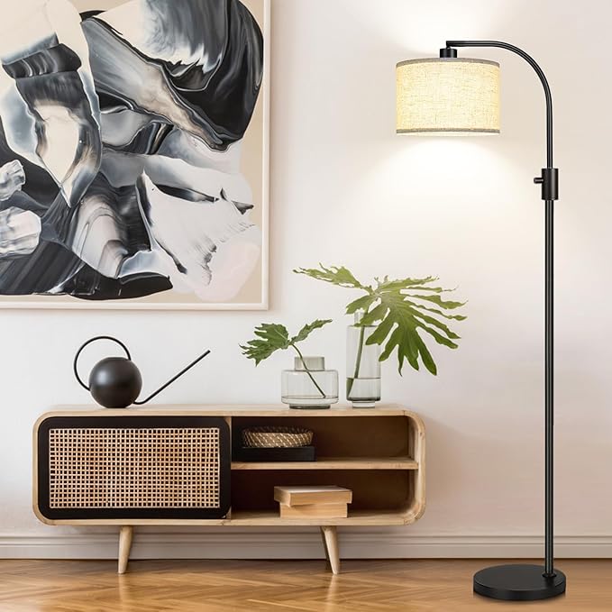 【Upgraded】 Dimmable Floor Lamp, 1200 Lumens LED Edison Bulb Included, Arc Floor Lamps for Living Room Modern Standing Lamp with Linen Shade, Black Tall Lamp for Living Room Bedroom Office Dining Room - LeafyLoom
