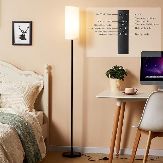 Ambimall Floor Lamps for Living Room, 64" Modern Floor Lamp with Remote Control and Stepless Dimmable Colors Temperature & Brightness, Standing Lamps for Living Room Bedroom Office, 9W Bulb Included - LeafyLoom