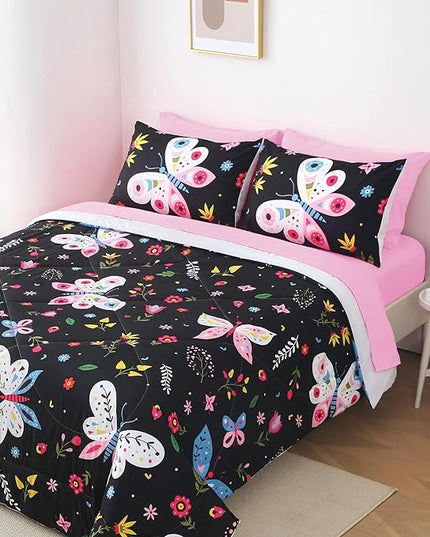 Girls Butterfly Comforter Set Queen Size Black 7 Piece Bed in A Bag Colorful Flowers Leaves Bedding Set for Kids Teens Adults Super Soft All Season - LeafyLoom