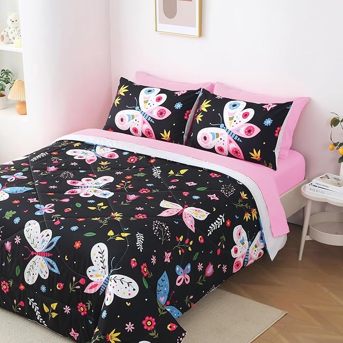 Girls Butterfly Comforter Set Twin Size Black 7 Piece Bed in A Bag Colorful Flowers Leaves Bedding Set for Kids Teens Super Soft All Season - LeafyLoom