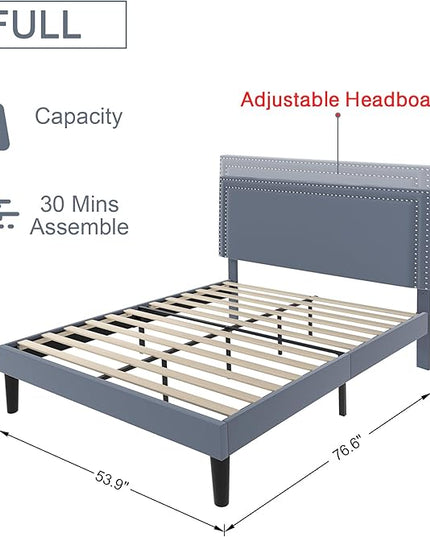 VECELO Full Size Platform Bed Frame with Adjustable Upholstered Headboard, Modern Mattress Foundation,Strong Wood Slat Support, No Box Spring Needed, Easy Assembly - LeafyLoom