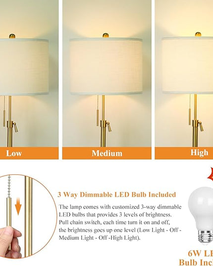 Modern Floor Lamp for Living Room, Adjustable Height Standing Lamp with Marble Base, 3-Way Dimmable Gold Brass Tall Pole Light with White Linen Shade for Reading, Bedroom, Chain Switch, Bulb Included - LeafyLoom
