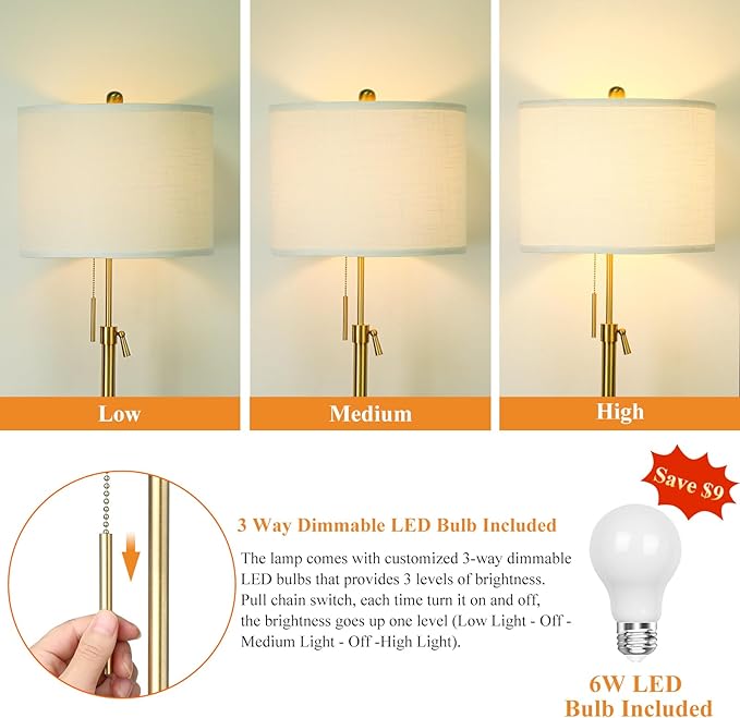 Modern Floor Lamp for Living Room, Adjustable Height Standing Lamp with Marble Base, 3-Way Dimmable Gold Brass Tall Pole Light with White Linen Shade for Reading, Bedroom, Chain Switch, Bulb Included - LeafyLoom