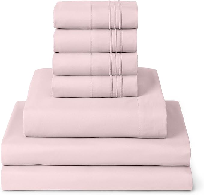 Mellanni Split King Sheets Set - 7 PC Iconic Collection Bedding Sheets & Pillowcases - Ultra Soft, Cooling Bed Sheets - Deep Pocket up to 16 inch - 7 PC (Split King, Blush Pink w/Extra Pillow Cases) - LeafyLoom