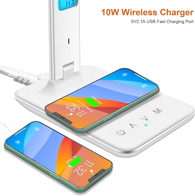 Desk Lamp with Wireless Charger, USB Charging Port, Dimmable Office Desk Light with Clock, Alarm, Date, Temperature, Foldable Lamp for Table Bedroom Bedside Office (White) - LeafyLoom