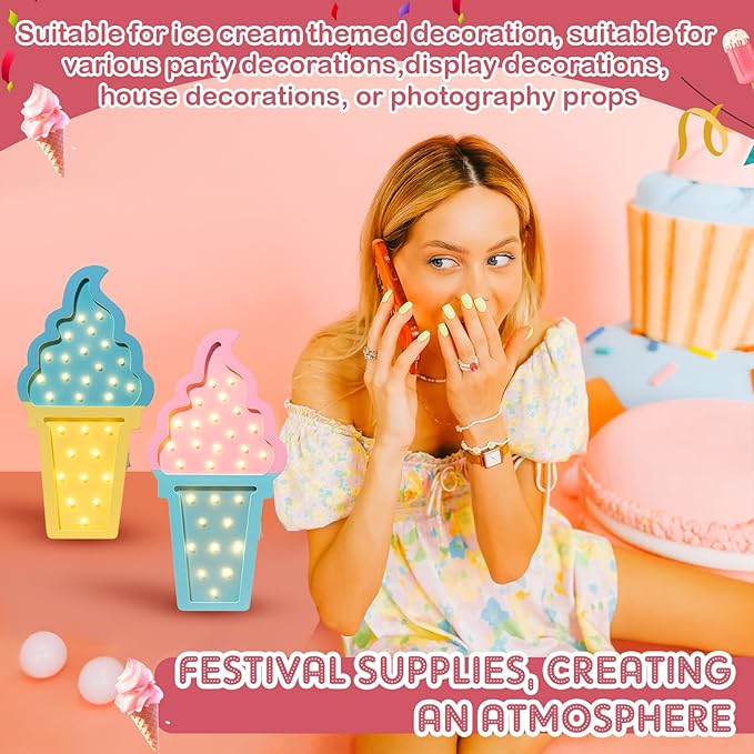 4 Pcs Ice Cream Party Decorations Ice Cream Night Light Ice Cream LED Atmosphere Light Wooden Ice Cream Wall Light Ice Cream Lamp Romantic Ice Cream Party Decor Battery Operated - LeafyLoom
