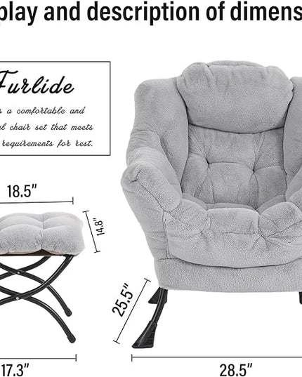 Lazy Chair with Ottoman, Modern Reading Chair with Folding Footrest, Comfortable Lounge Accent Chair for Bedroom, Study, Living Room, Courtyard (Plush Grey) - LeafyLoom
