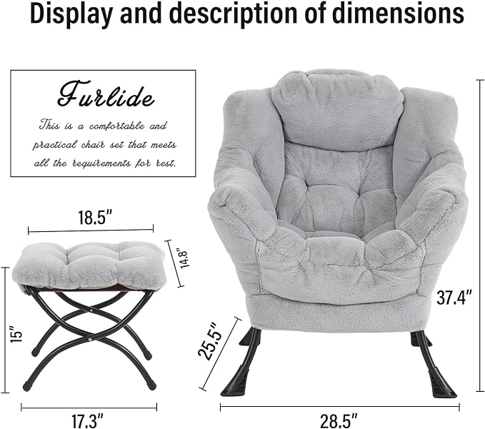 Lazy Chair with Ottoman, Modern Reading Chair with Folding Footrest, Comfortable Lounge Accent Chair for Bedroom, Study, Living Room, Courtyard (Plush Grey) - LeafyLoom