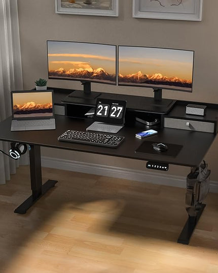 63×30 Inch Electric Standing Desk with 2 Drawers, Adjustable Height Widened Stand Up Desk with Storage Shelf, Sit to Stand Ergonomic Workstation for Home Office - LeafyLoom