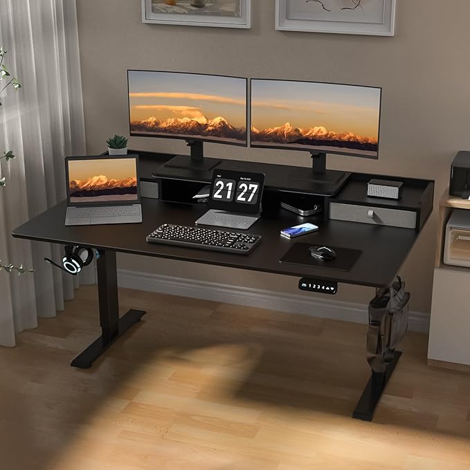 63×30 Inch Electric Standing Desk with 2 Drawers, Adjustable Height Widened Stand Up Desk with Storage Shelf, Sit to Stand Ergonomic Workstation for Home Office - LeafyLoom