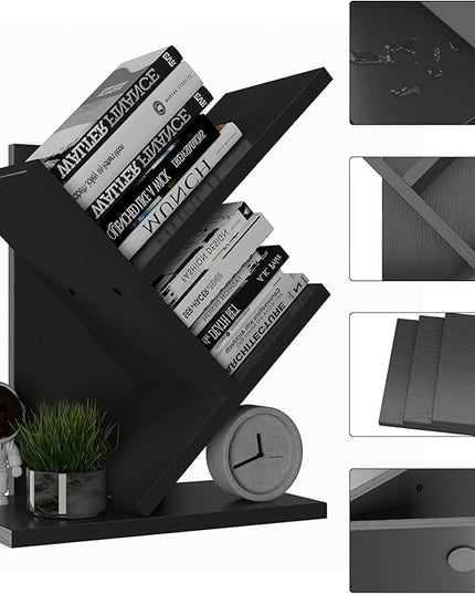 YMYNY 2 Tier Tree Bookshelf, Small Bookcase, Modern Wood Book Storage Rack Organizer, Freestanding Book shelf for Books/Movies/CDs, Display Rack for Bedroom, Home Office, Black UHBC012B - LeafyLoom