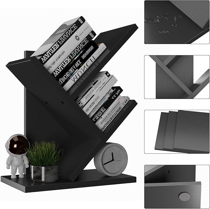 YMYNY 2 Tier Tree Bookshelf, Small Bookcase, Modern Wood Book Storage Rack Organizer, Freestanding Book shelf for Books/Movies/CDs, Display Rack for Bedroom, Home Office, Black UHBC012B - LeafyLoom