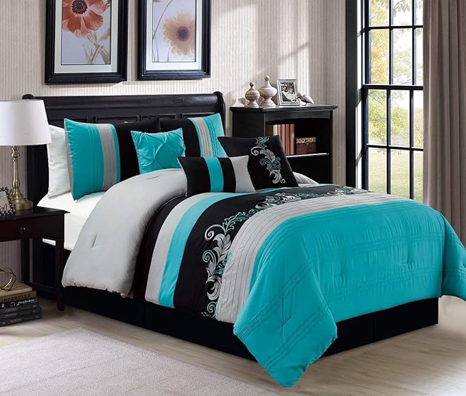 Chezmoi Collection Napa 7-Piece Luxury Leaves Scroll Embroidery Bedding Comforter Set (Queen, Teal Blue/Gray/Black) - LeafyLoom