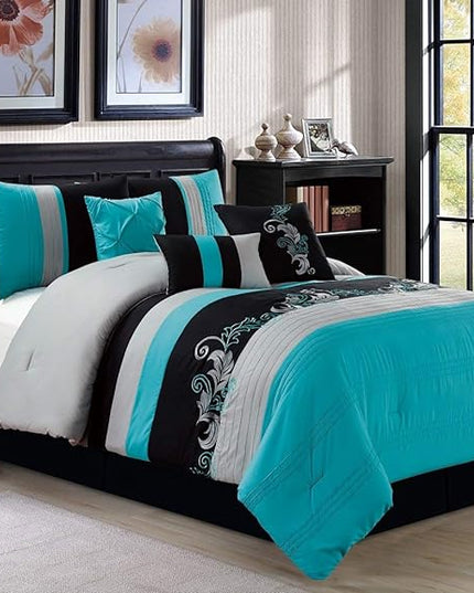 Chezmoi Collection Napa 7-Piece Luxury Leaves Scroll Embroidery Bedding Comforter Set (Oversized King, Teal Blue/Gray/Black) - LeafyLoom