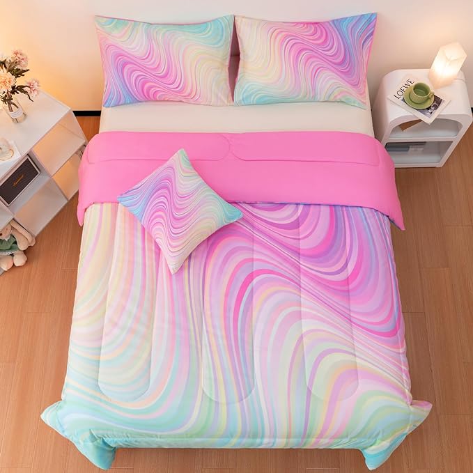 4 Pcs Pink Twin Comforter Set for Girls, Tie Dye Superior Kids Teen Bedding Sets, Blue Pink Rainbow Twin Size Bedding Set for Girls - LeafyLoom